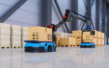 Factory Automation with AGV and robotic arm in transportation to increase transport more with safety. Factory Automation with AGV and robotic arm in transportation to increase transport more with safety.3D rendering