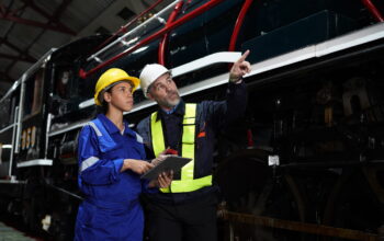 Group of apprentices with instructor at railway engineering facility. Teacher talking to apprentices at railway engineering facility