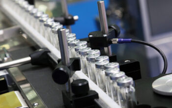 Medical vials on pharmaceutical manufacturing line.  Process of production