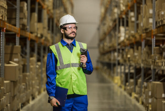 Warehouse worker in hard hat with scanner looking at camera